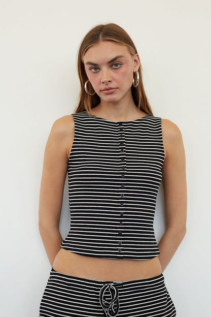 Ribbed Striped Button Top