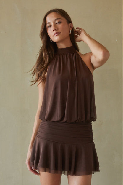 High Neck Mesh Mini Dress